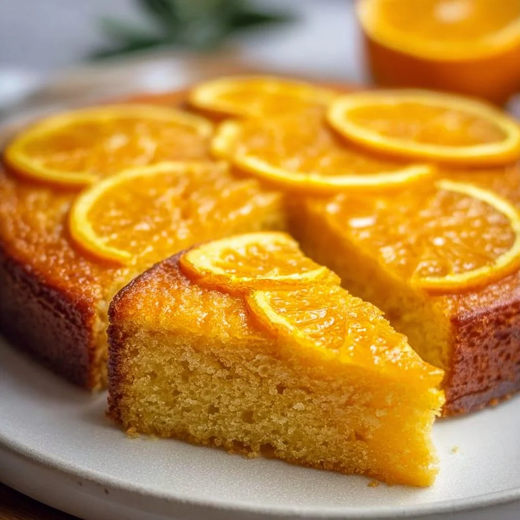 Slice of moist Vegan Orange Cake garnished with orange zest