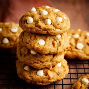 Delicious white chocolate chip pumpkin cookies on a plate
