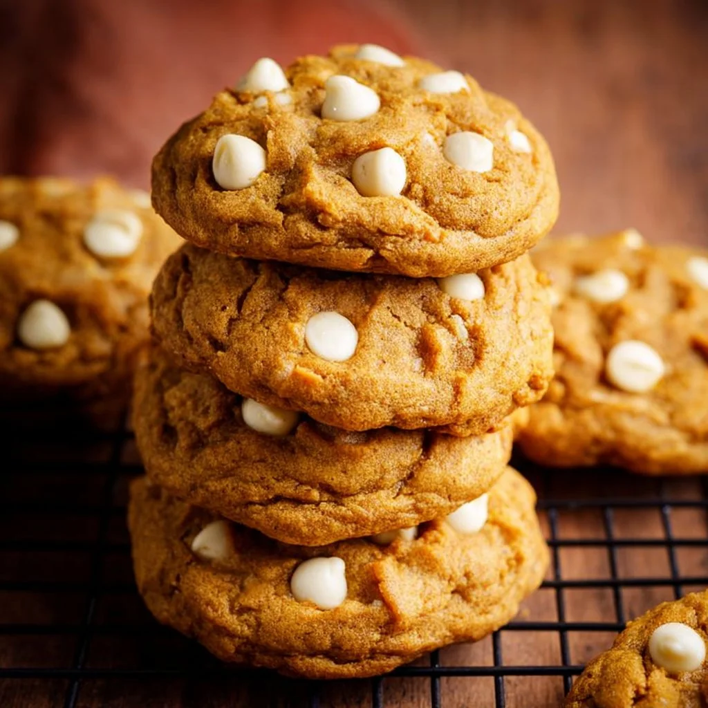 Delicious white chocolate chip pumpkin cookies on a plate