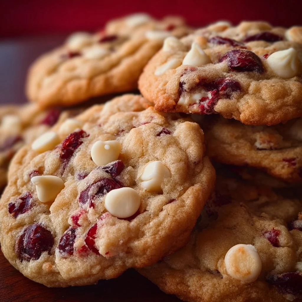 Delicious white chocolate cranberry cookies on a plate, showcasing their sweet and tart flavors.