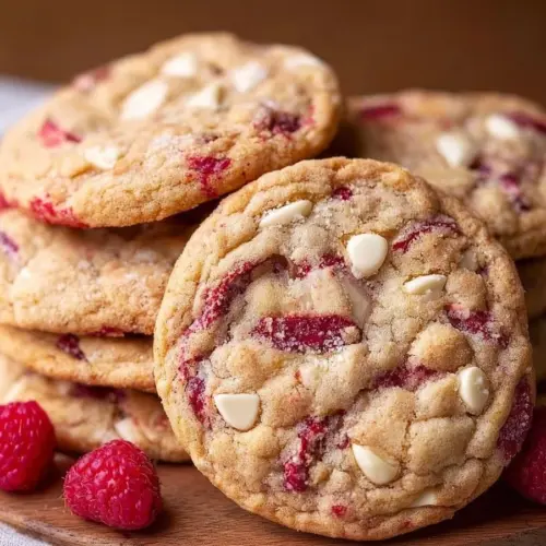 Freshly baked White Chocolate Raspberry Cookies on a wooden table