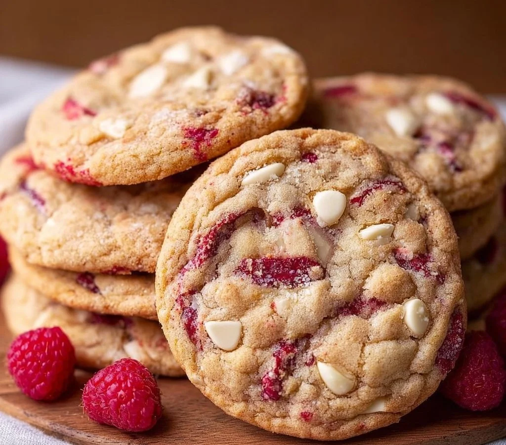 Freshly baked White Chocolate Raspberry Cookies on a wooden table
