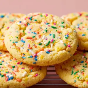 Yellow cake mix cookies topped with colorful sprinkles on a platter