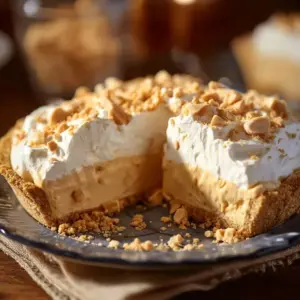 Slice of Amish Peanut Butter Cream Pie topped with whipped cream and chocolate drizzle