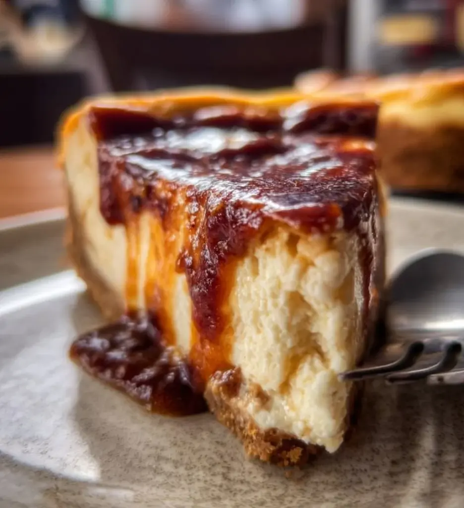 Slice of creamy Apple Butter Cheesecake with a dollop of whipped cream on top