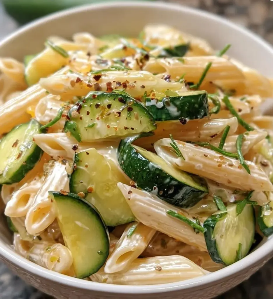 Delicious cucumber pasta salad served in a bowl with fresh herbs and vegetables.