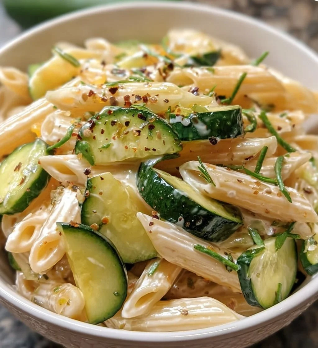 Delicious cucumber pasta salad served in a bowl with fresh herbs and vegetables.
