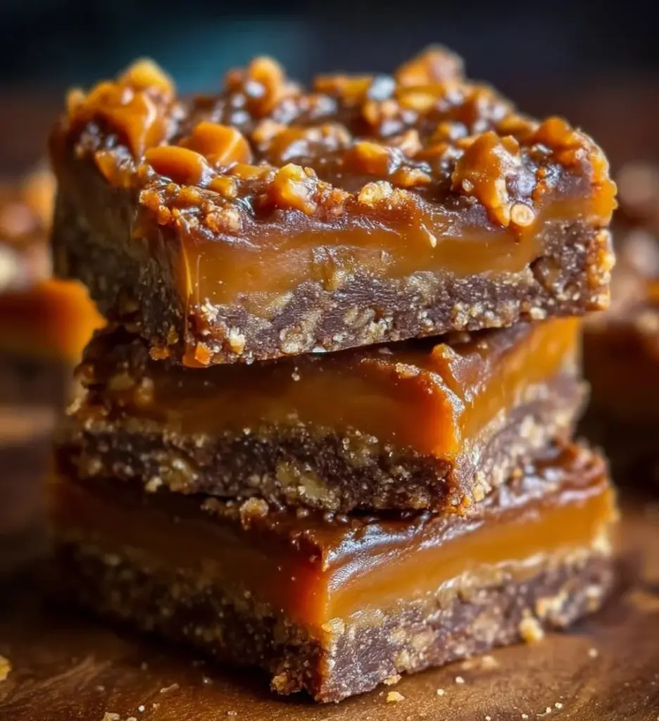Delicious Butterfinger Caramel Crunch Bars on a plate with chocolate drizzle.
