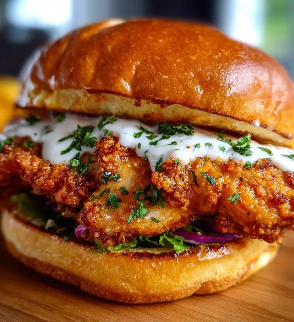 Cajun crispy chicken sandwich with garlic aioli on a serving plate