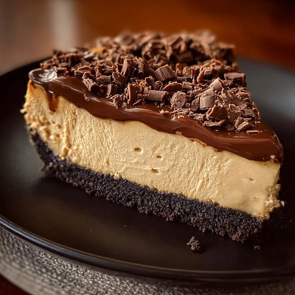 Delicious Cappuccino Fudge Cheesecake topped with chocolate and coffee flavors