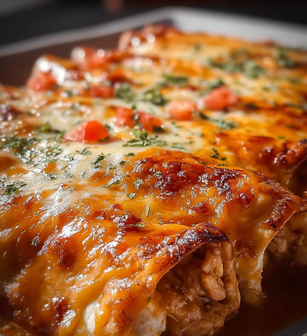 Delicious Cheese Chicken Enchiladas topped with cheese and spices