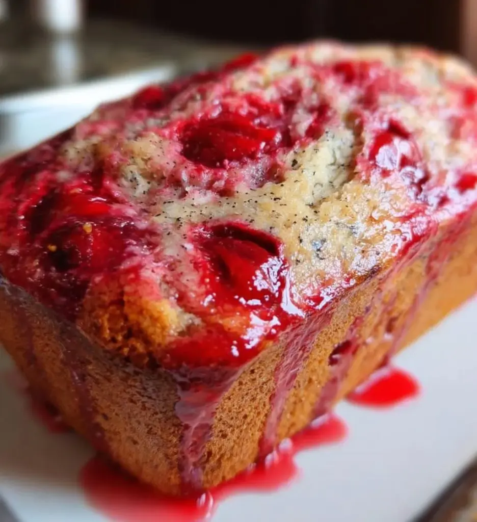 Freshly baked Cherry Almond Bread with cherries and almonds on a wooden table