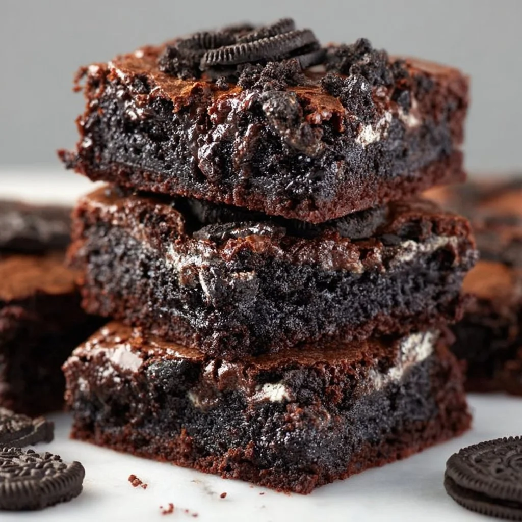 Delicious chewy Oreo brownies topped with crushed Oreos and chocolate drizzle