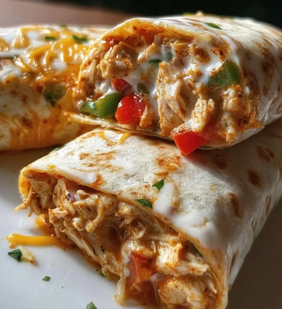 Chicken Bell Pepper Burritos with ranch dressing and colorful veggies