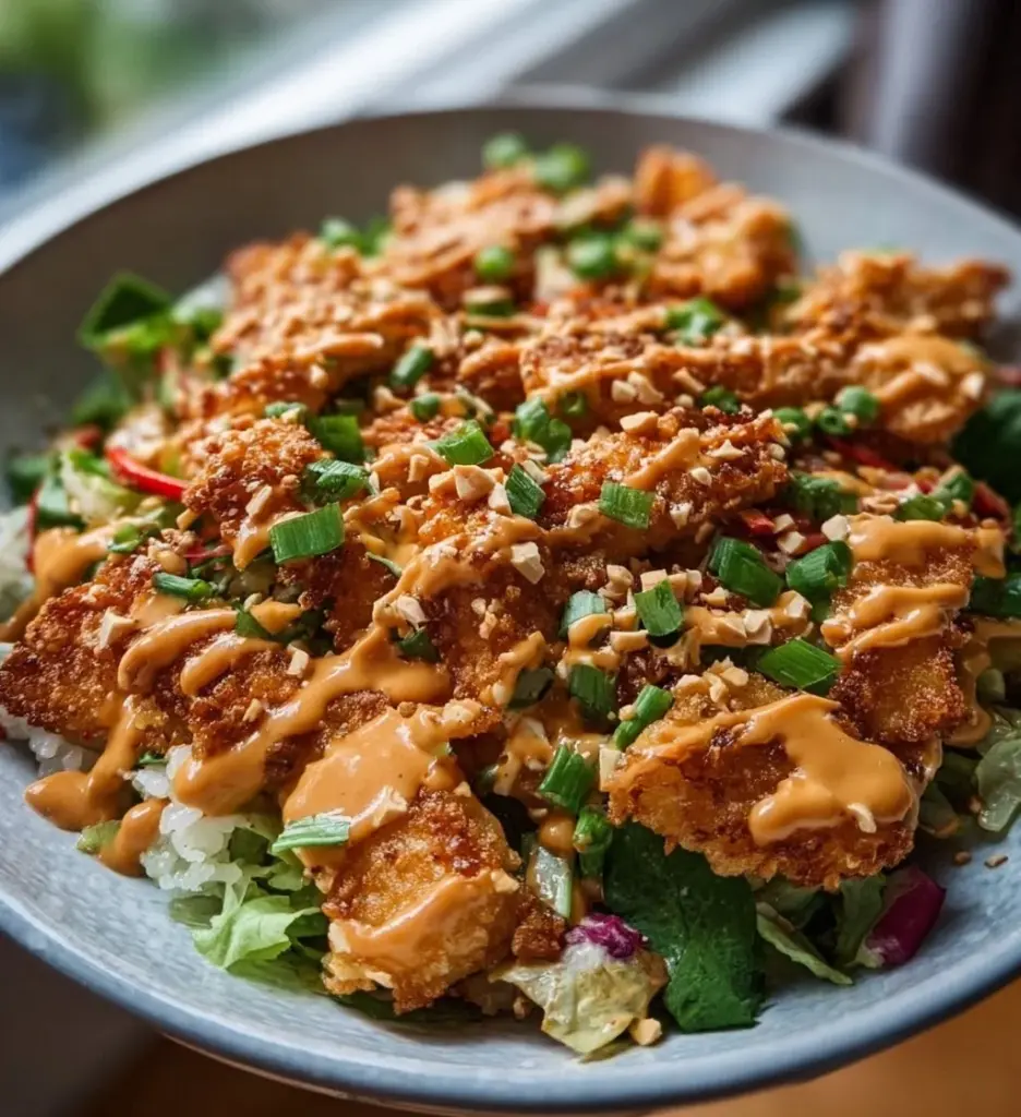 Chicken Crispy Rice Salad topped with Peanut Dressing in a bowl