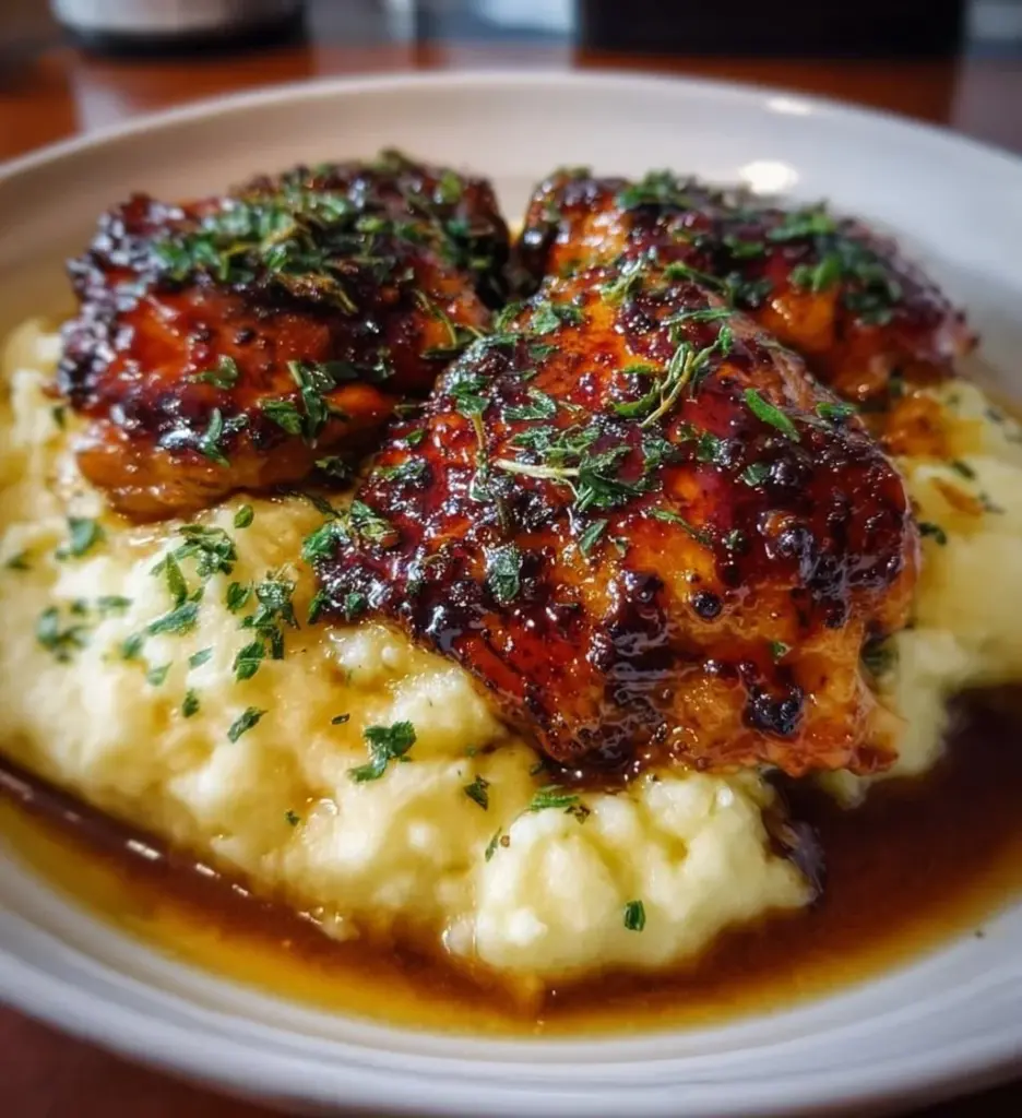 Delicious Chipotle Honey Chicken thighs with smoked Gouda mashed potatoes served on a plate