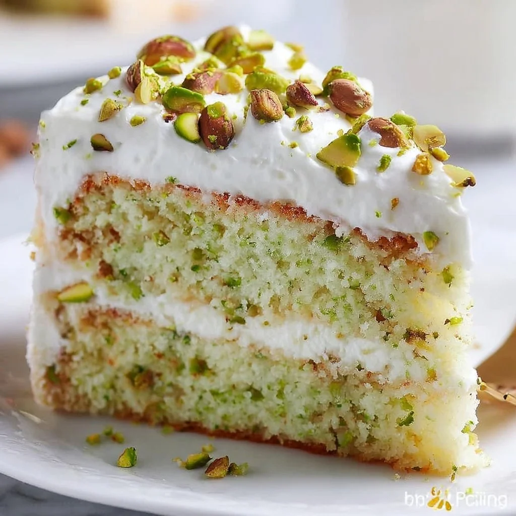 Delicious Coconut Pistachio Pudding Cake topped with creamy frosting and nuts