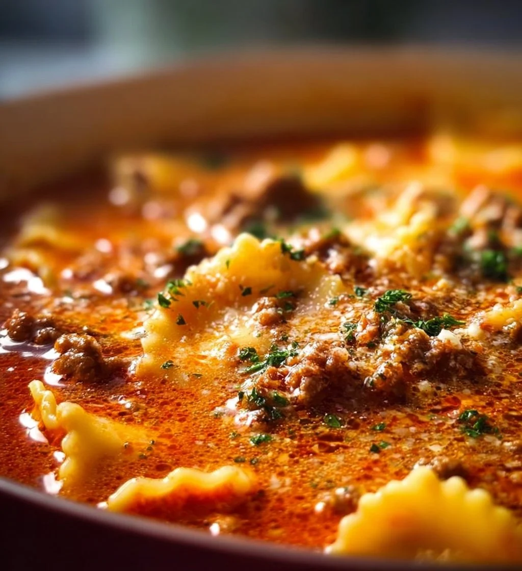 Bowl of creamy lasagna soup with sausage and ground beef garnished with herbs