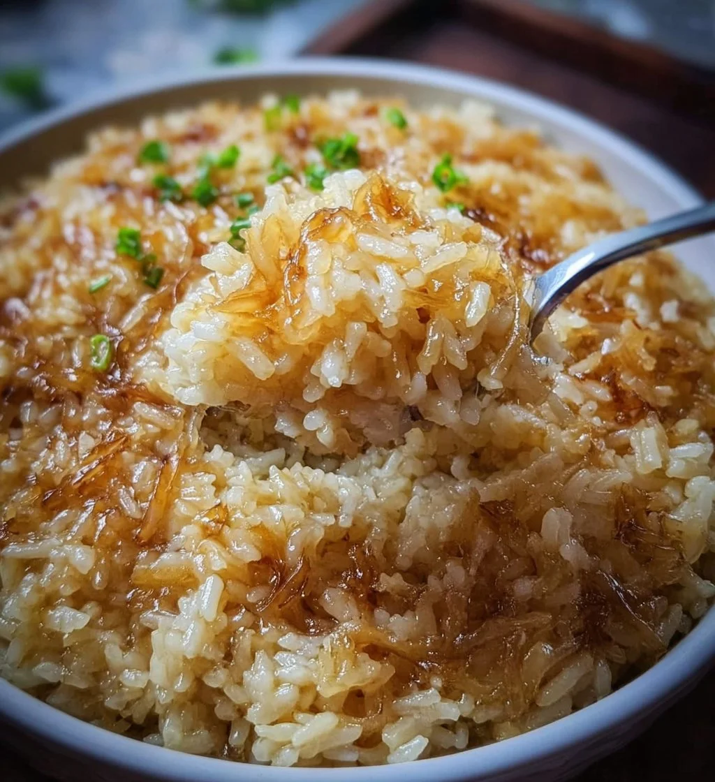 Delicious bowl of French onion butter rice garnished with herbs