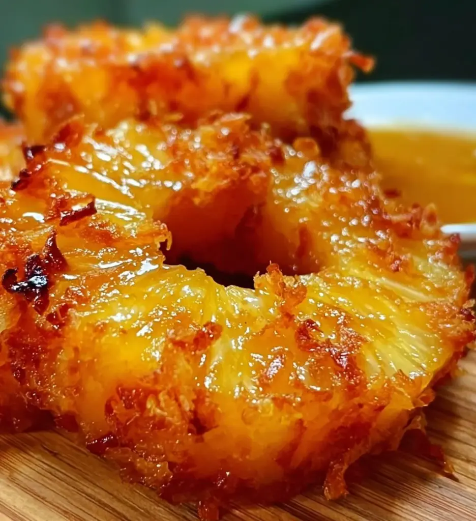 Delicious fried pineapple dessert topped with coconut and served with ice cream.