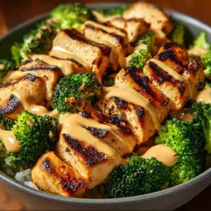 Grilled chicken and broccoli bowl topped with creamy garlic sauce