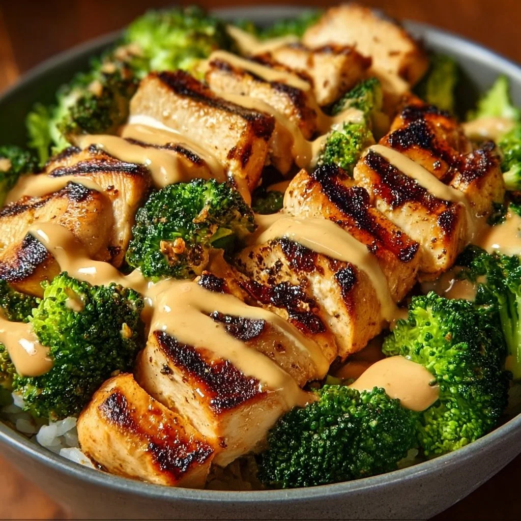 Grilled chicken and broccoli bowl topped with creamy garlic sauce