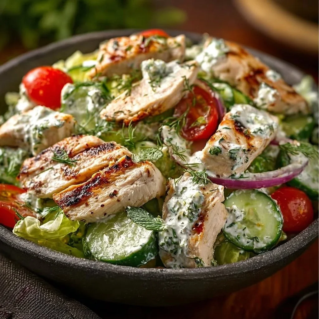 Healthy Mediterranean Tzatziki Chicken Salad served in a bowl