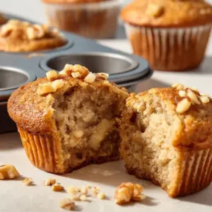 High-protein banana bread muffins with nuts and chocolate chips on a wooden table