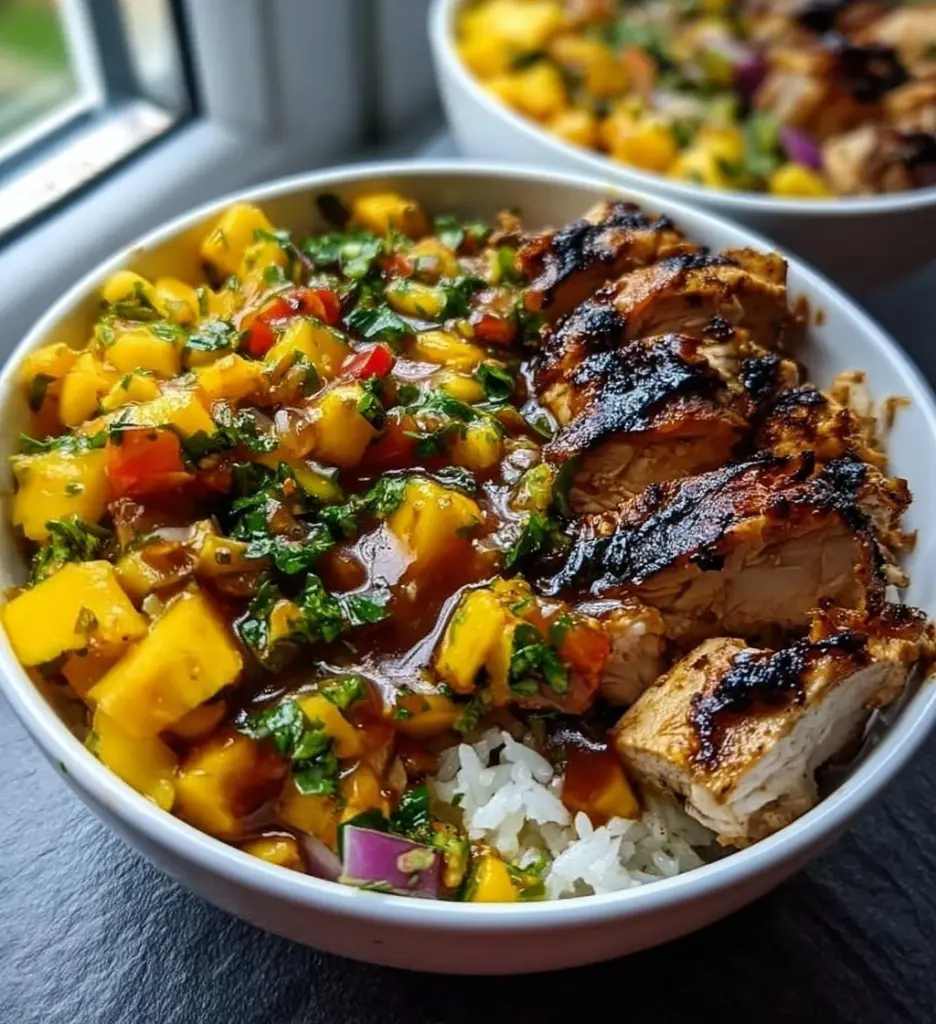 Jerk chicken bowl garnished with mango salsa and fresh vegetables