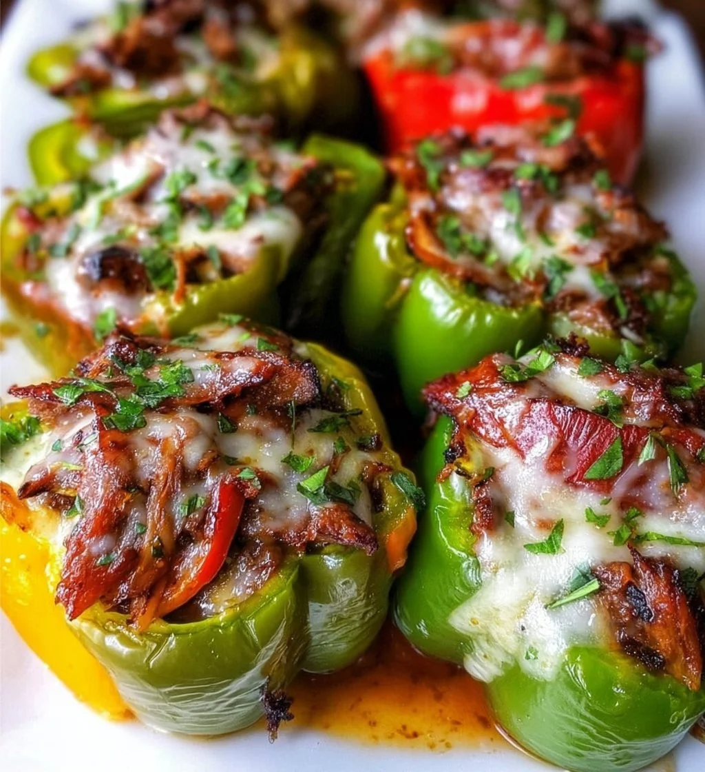 Keto Philly cheesesteak stuffed peppers topped with melted cheese