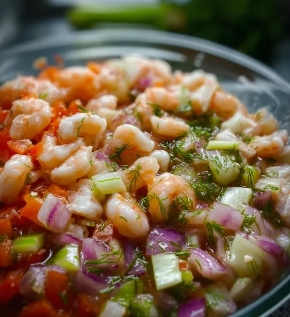 Delicious seafood salad with fresh ingredients and vibrant colors.