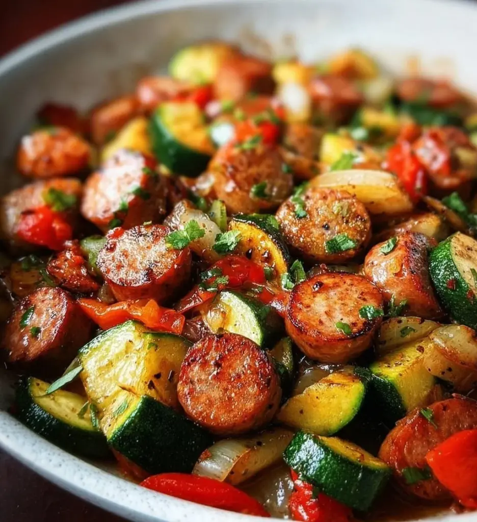 Skillet sausage with zucchini in a pan, ready to serve.