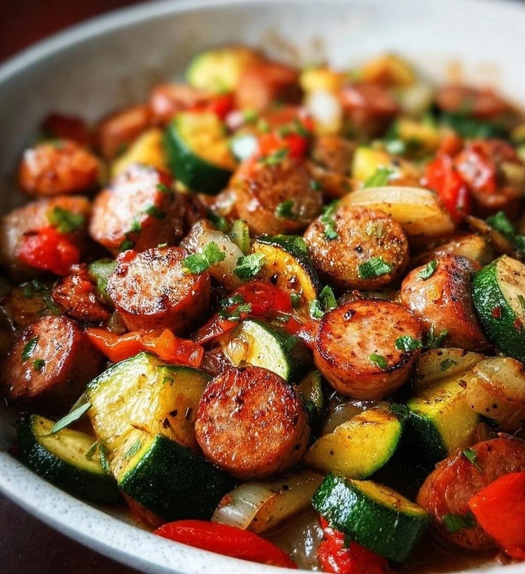 Skillet sausage with zucchini in a pan, ready to serve.
