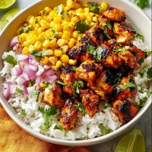 Delicious street corn chicken rice bowl with vibrant ingredients and savory flavor
