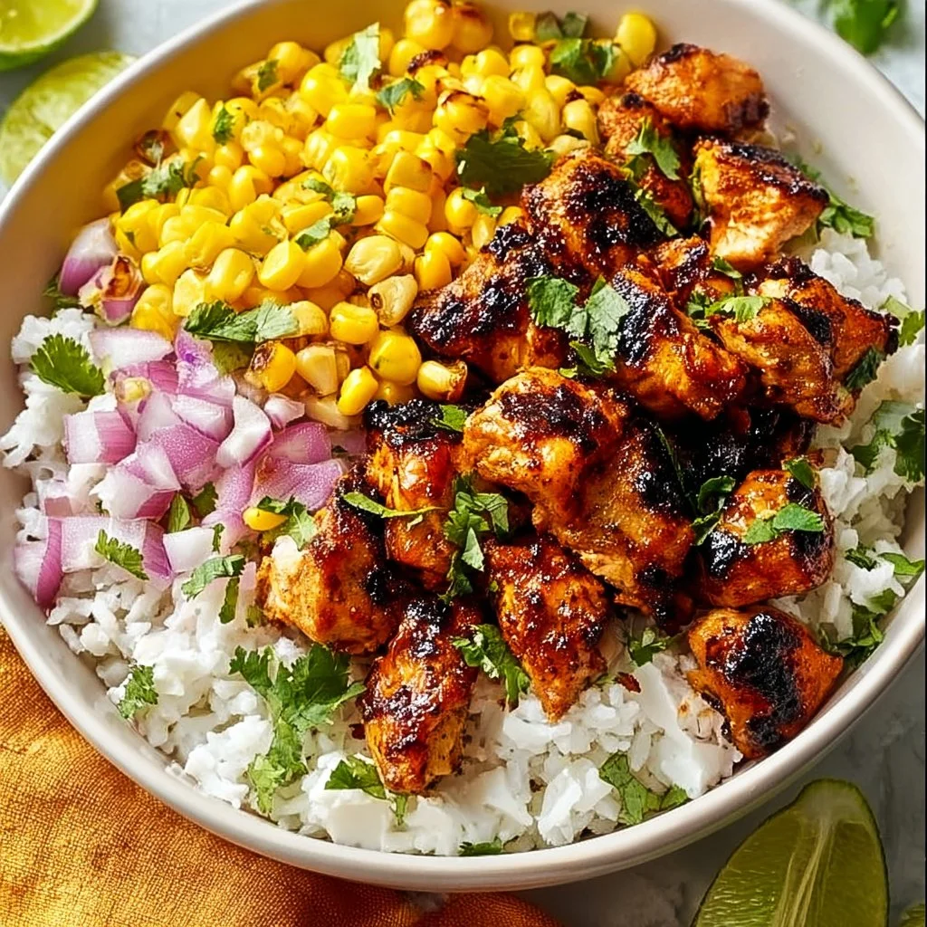 Delicious street corn chicken rice bowl with vibrant ingredients and savory flavor