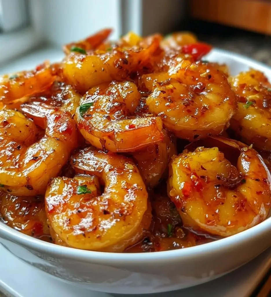 Delicious sweet chili pineapple shrimp served on a plate with garnish.