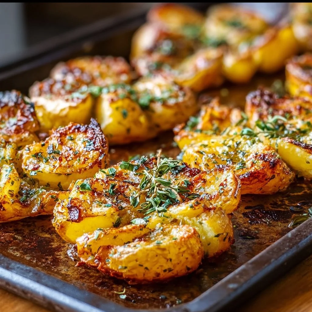 Deliciously crushed and crispy smashed potatoes served on a plate