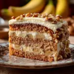 Delicious slice of Banana Walnut Cake with cream frosting and walnuts
