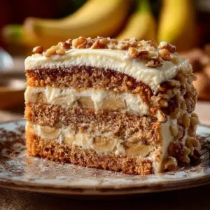 Delicious slice of Banana Walnut Cake with cream frosting and walnuts