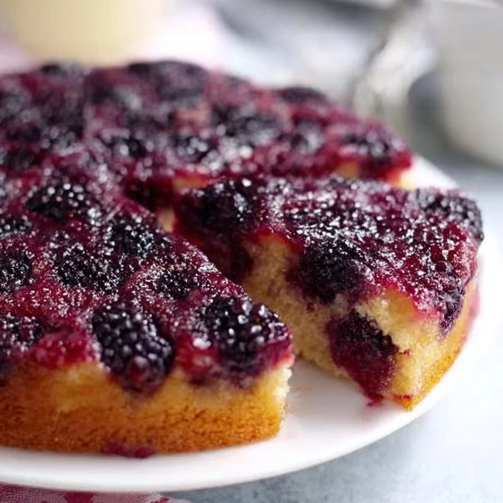 Sliced blackberry pineapple upside-down cake on a plate