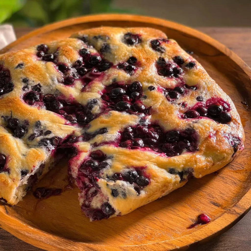 Freshly baked blueberry focaccia bread topped with plump blueberries