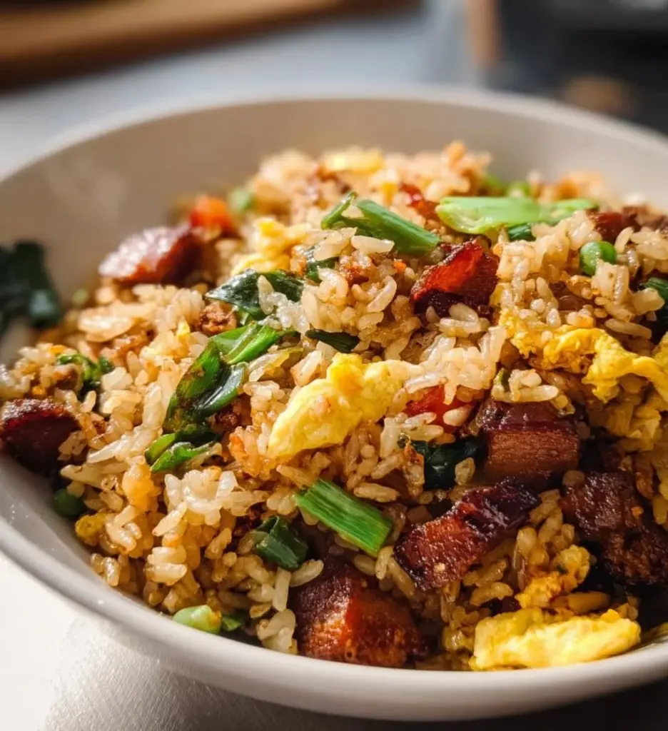 Delicious plate of breakfast fried rice with vegetables and eggs