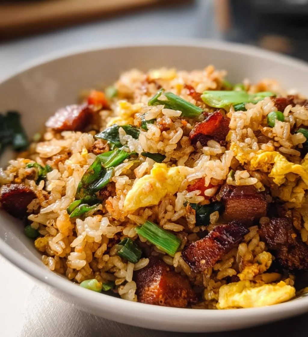 Delicious plate of breakfast fried rice with vegetables and eggs