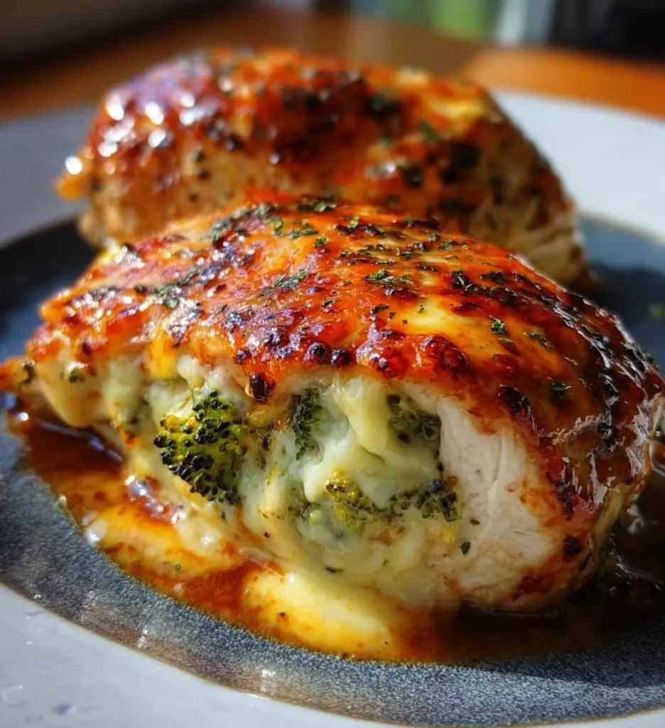 Broccoli cheese stuffed chicken breast served on a plate with herbs