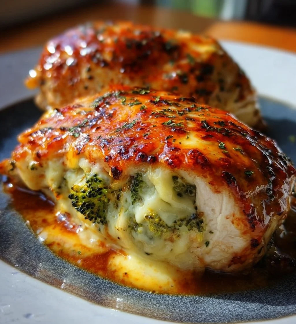 Broccoli cheese stuffed chicken breast served on a plate with herbs