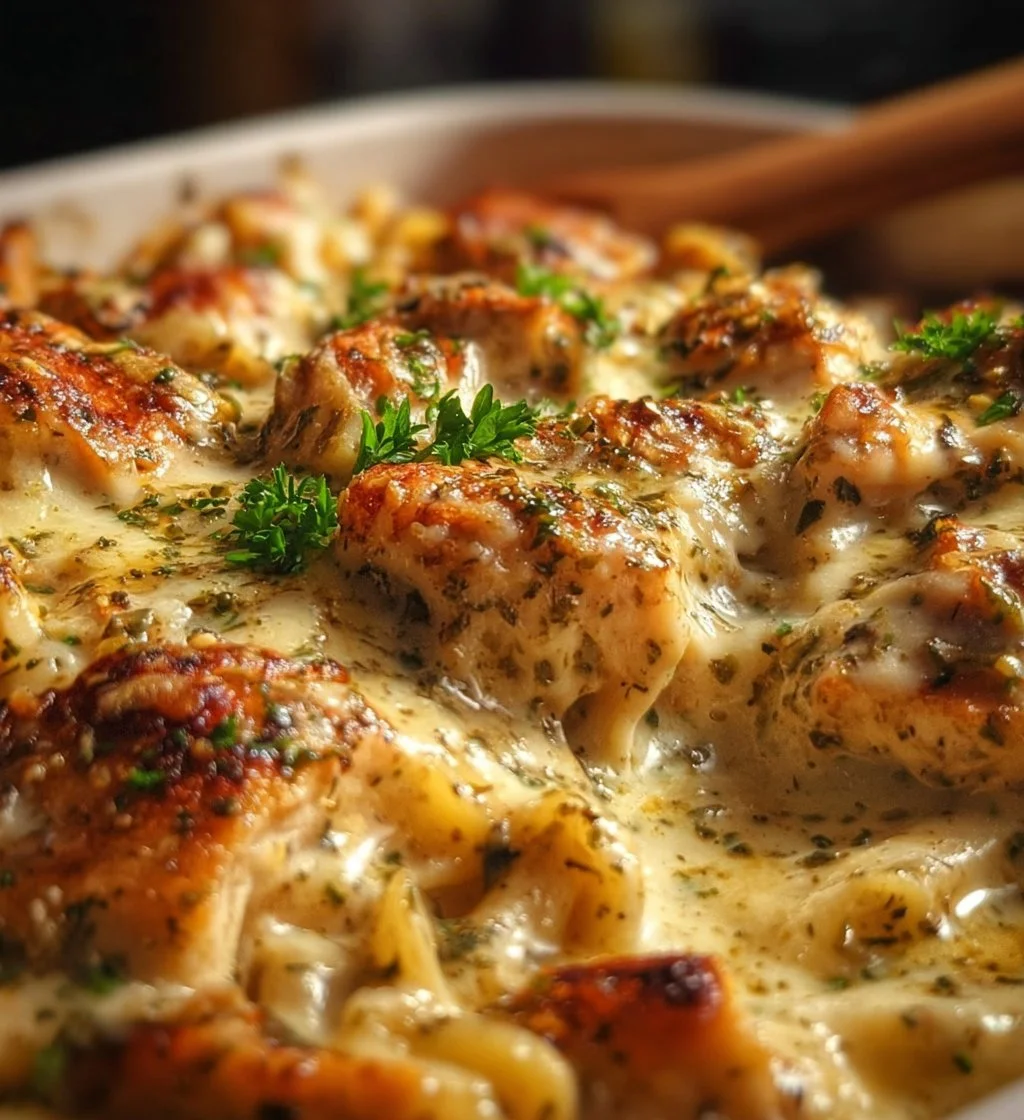 Creamy banana pepper chicken Alfredo bake served in a casserole dish.