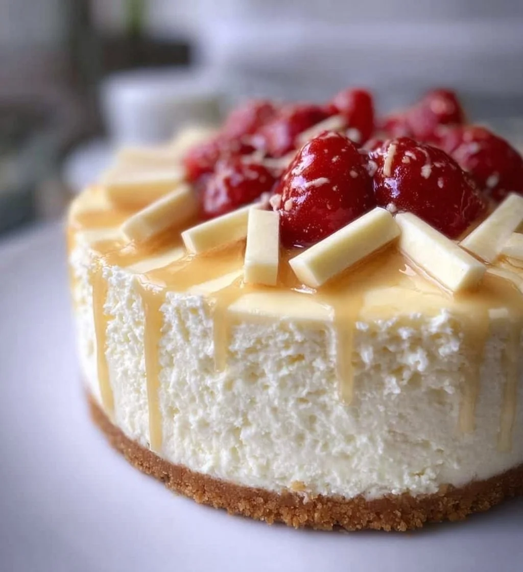 Slice of creamy white chocolate cheesecake with decorative toppings