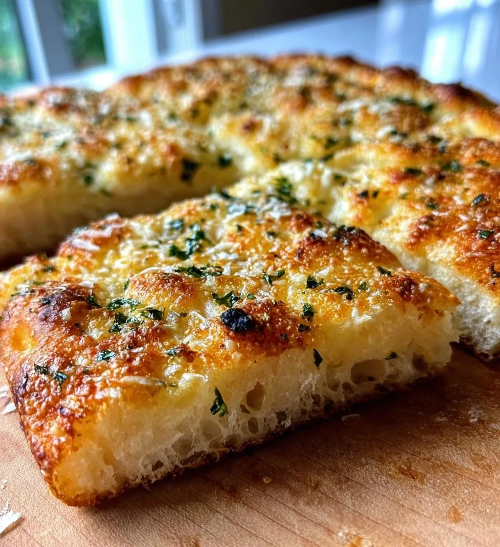 Freshly baked garlic parmesan focaccia bread topped with herbs and cheese