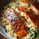 One Skillet Salmon with Lemon Orzo dish served on a plate