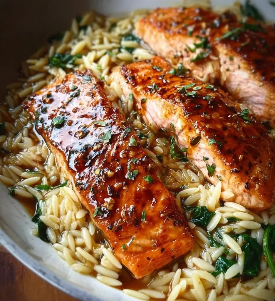 One Skillet Salmon with Lemon Orzo dish served on a plate